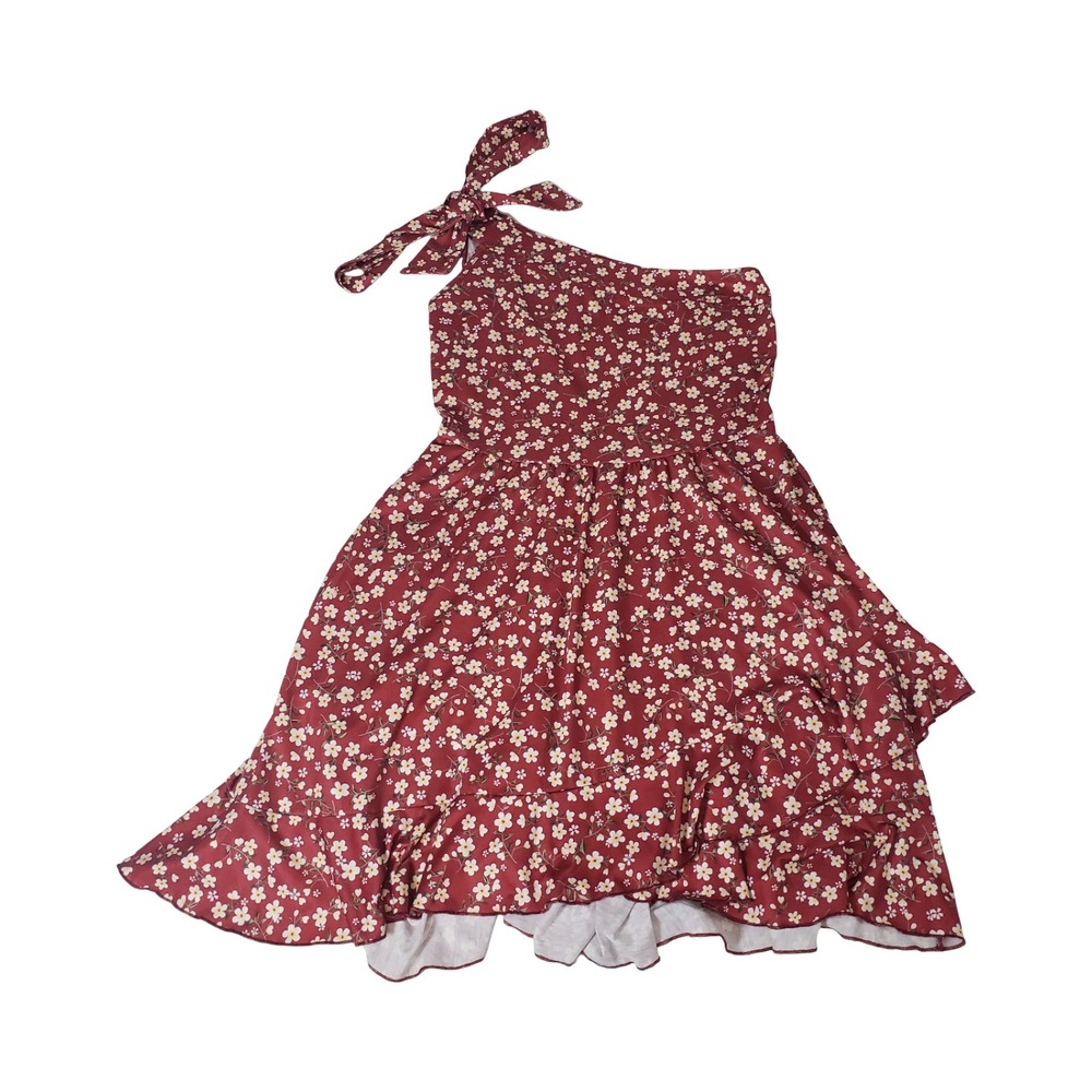 MSBASIC Womens One Shoulder Floral Mini Dress Burgundy Red Tiered Ruffle Large